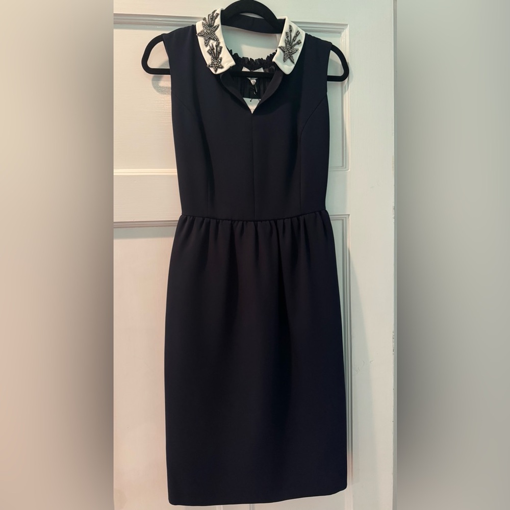 NWT Dice Kayek Navy Sheath Midi Dress with Embellished Peter Pan Collar